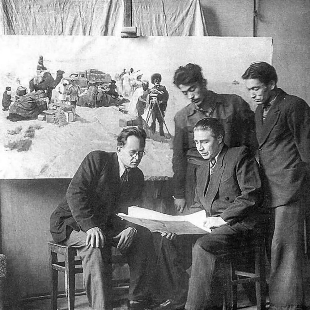 В мастерской В.М. Орешникова: А.А. Мыльников, студенты Р. Ахмедов и Н. Кузыбаев. Искусство Евразии, журнал об искусстве